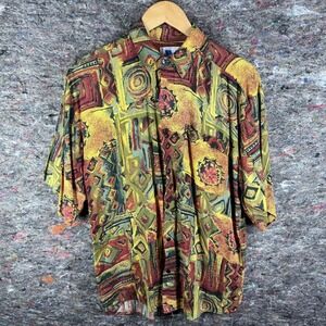 Vintage Wayne Scott Shirt Mens Small Multicolor Abstract Rayon Button Up 90s